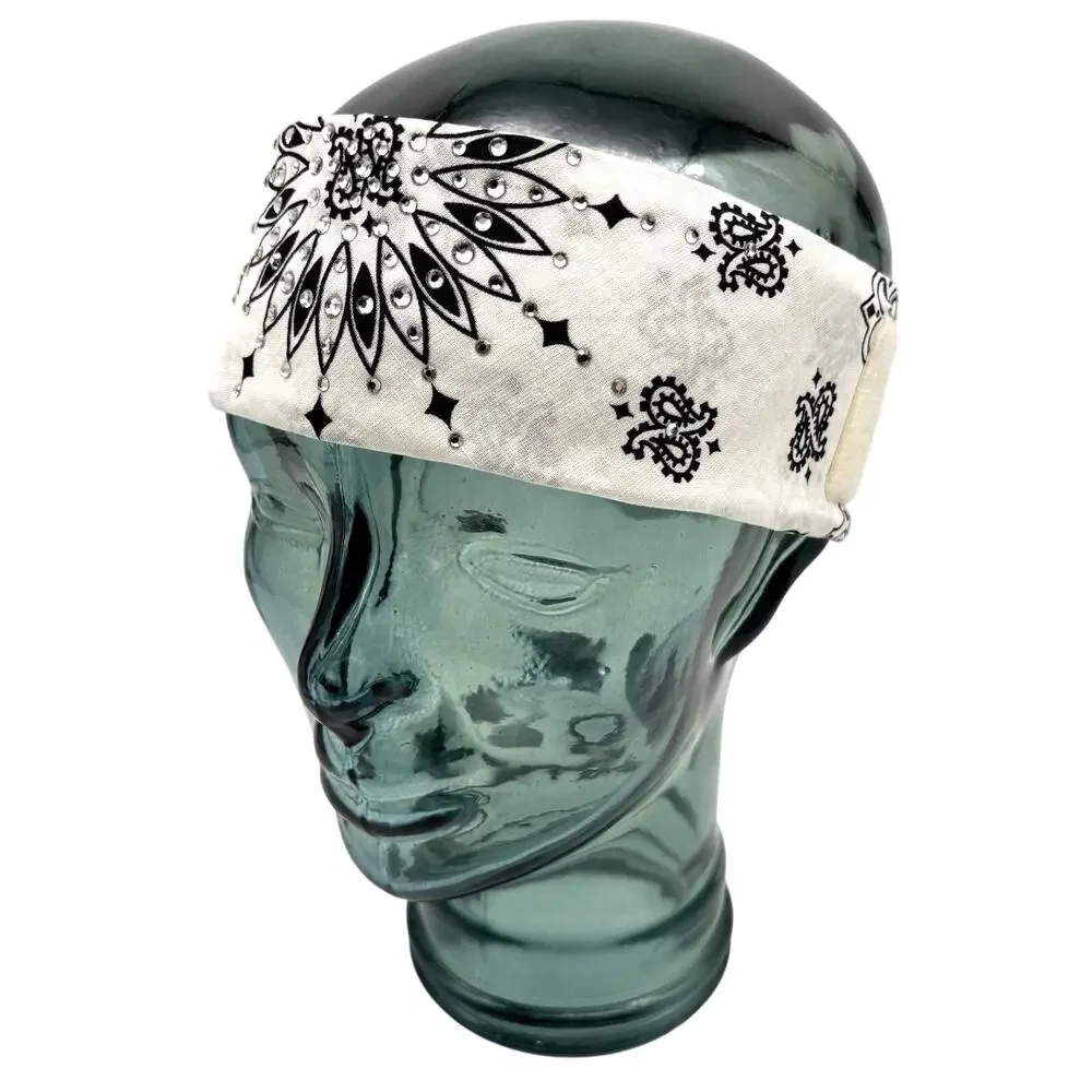 2004 Dust Bandit Handmade White Cotton Bandana Headband w Bling Rhinestones OSFM